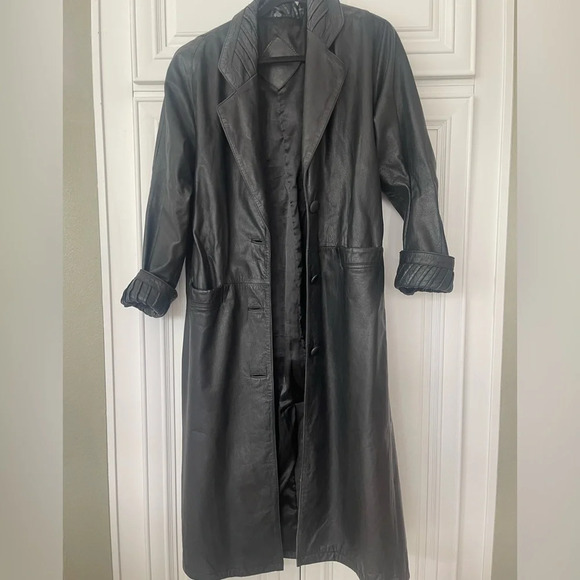 Jacqueline Ferrar Jackets & Blazers - VTG Jacqueline Ferrar Maxi trench Coat long black Leather 90's lined Small